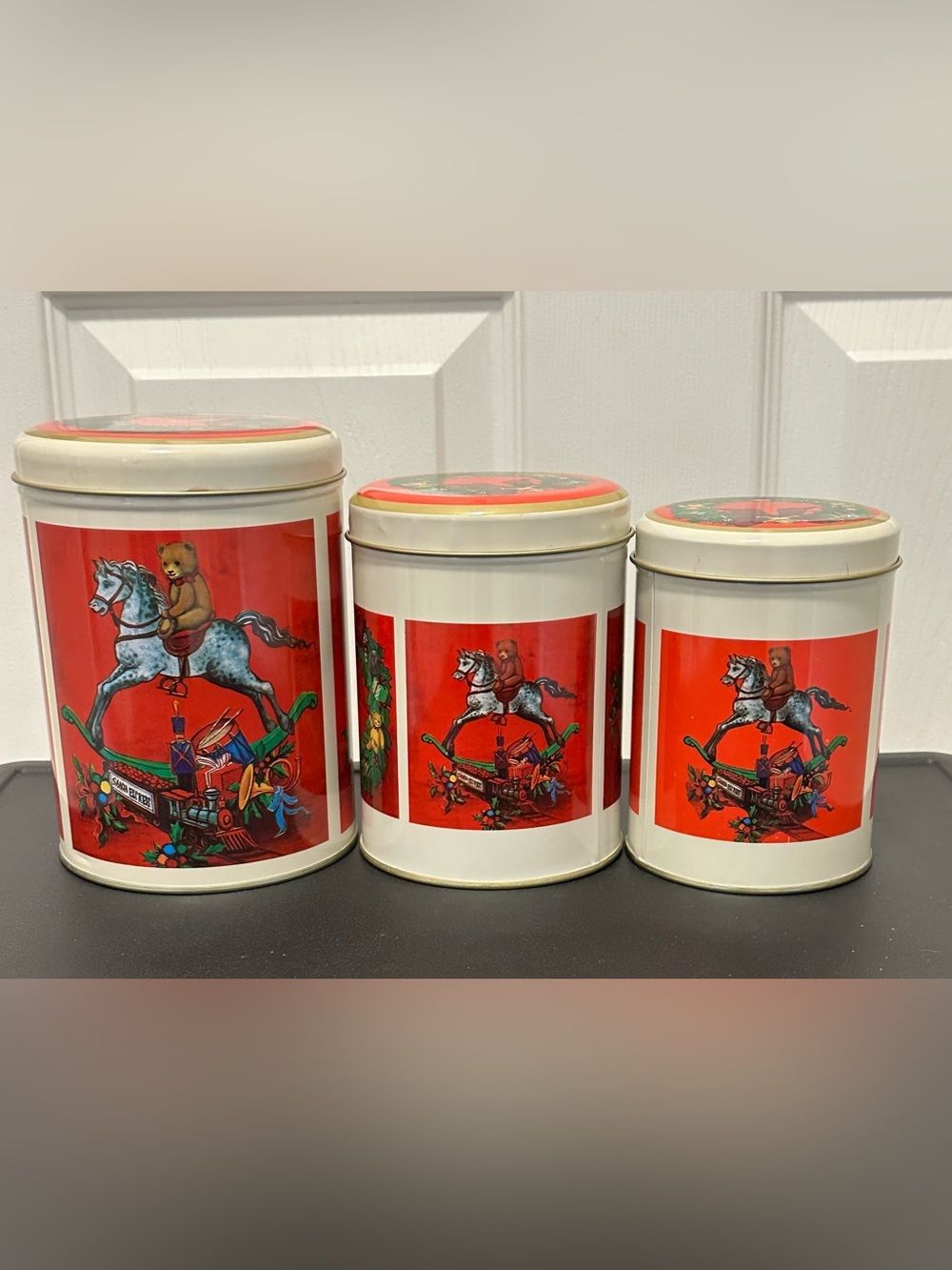 Vintage Christmas 3 Tin Canister Set in festive design